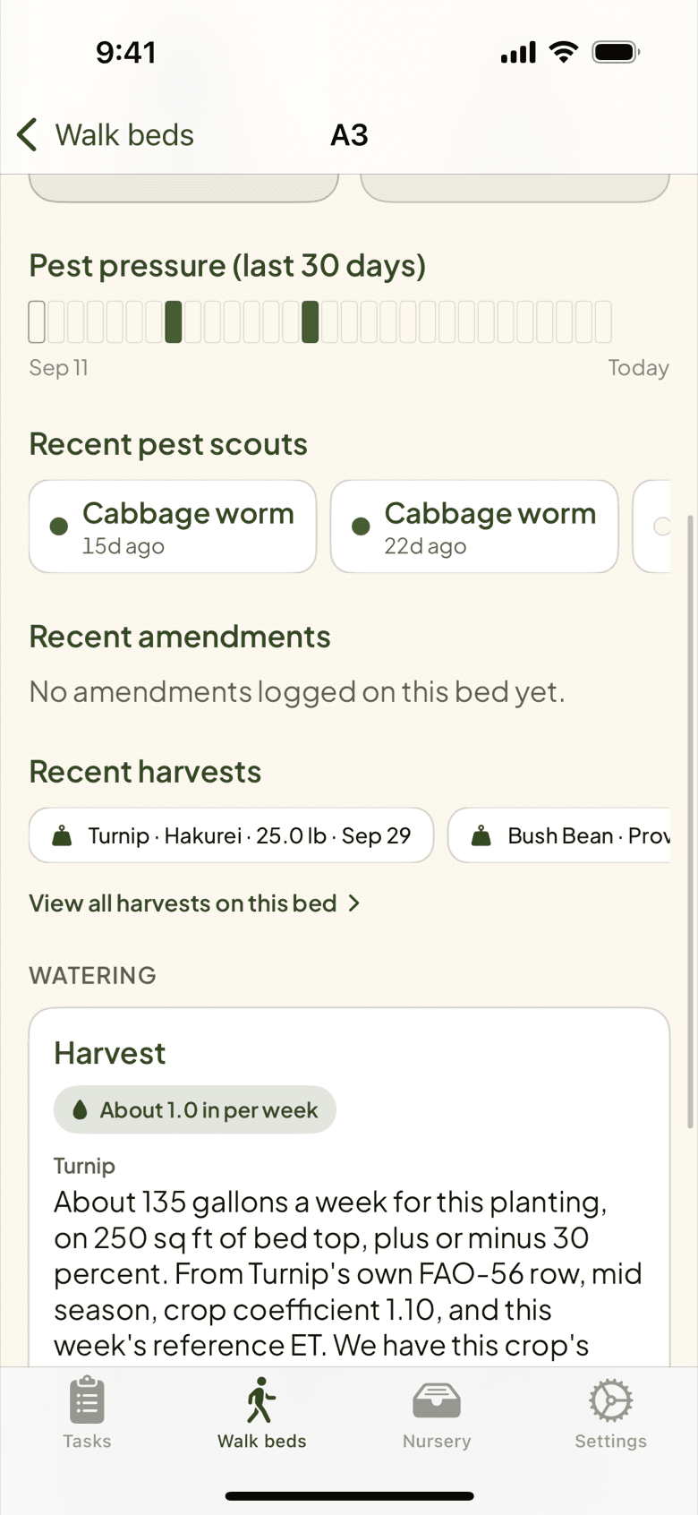 Bed A3 in the iPhone app: pest pressure over 30 days, recent Pest scouts, amendments and harvests, then the watering card.