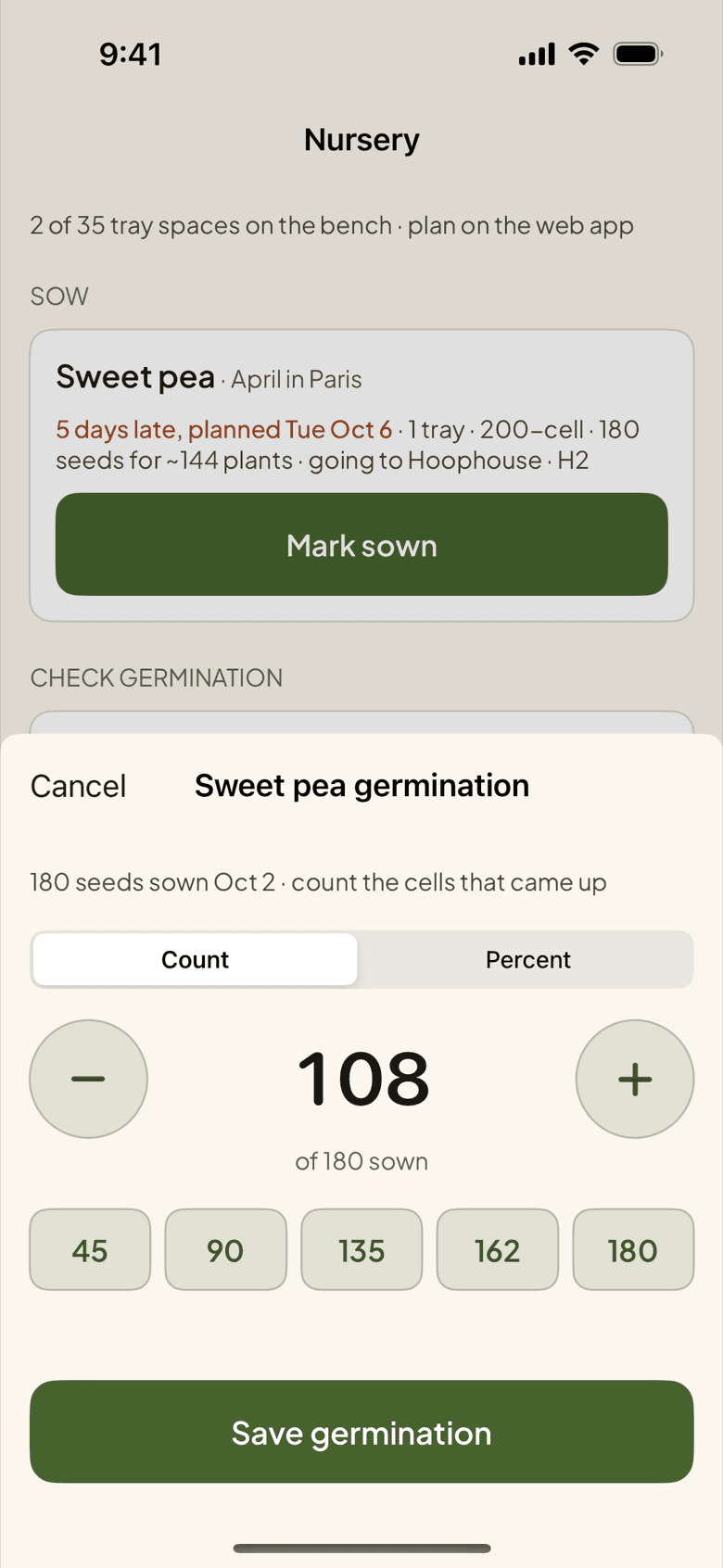 The iPhone app's germination sheet for a sweet pea tray: 108 of 180 sown, minus and plus buttons, preset counts and Save germination.