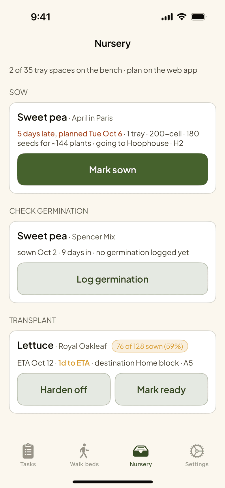 The iPhone app's Nursery tab: a tray to sow, a tray due its germination check, and lettuce one day from transplant to bed A5.