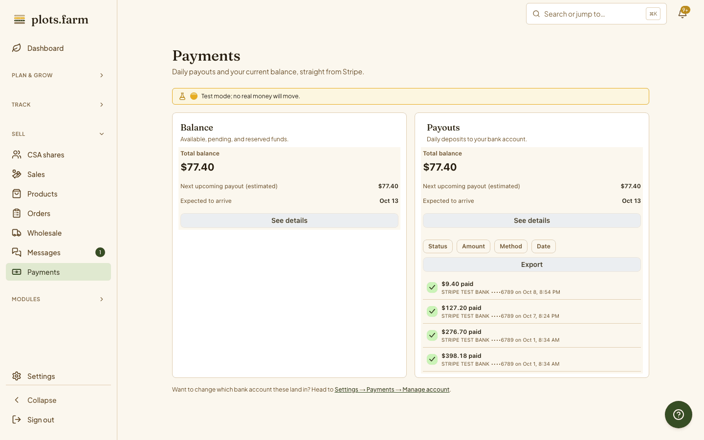 Payments: the Stripe balance and recent payouts to the bank, inside PlotsFarm.