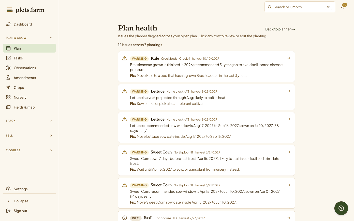 The Plan page's Issues tab: flagged plantings with the one-tap Apply fix beside each warning.