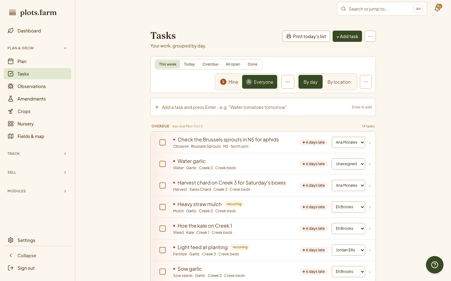 The Tasks page for this week, grouped by location, each task tied to a bed and a planting.