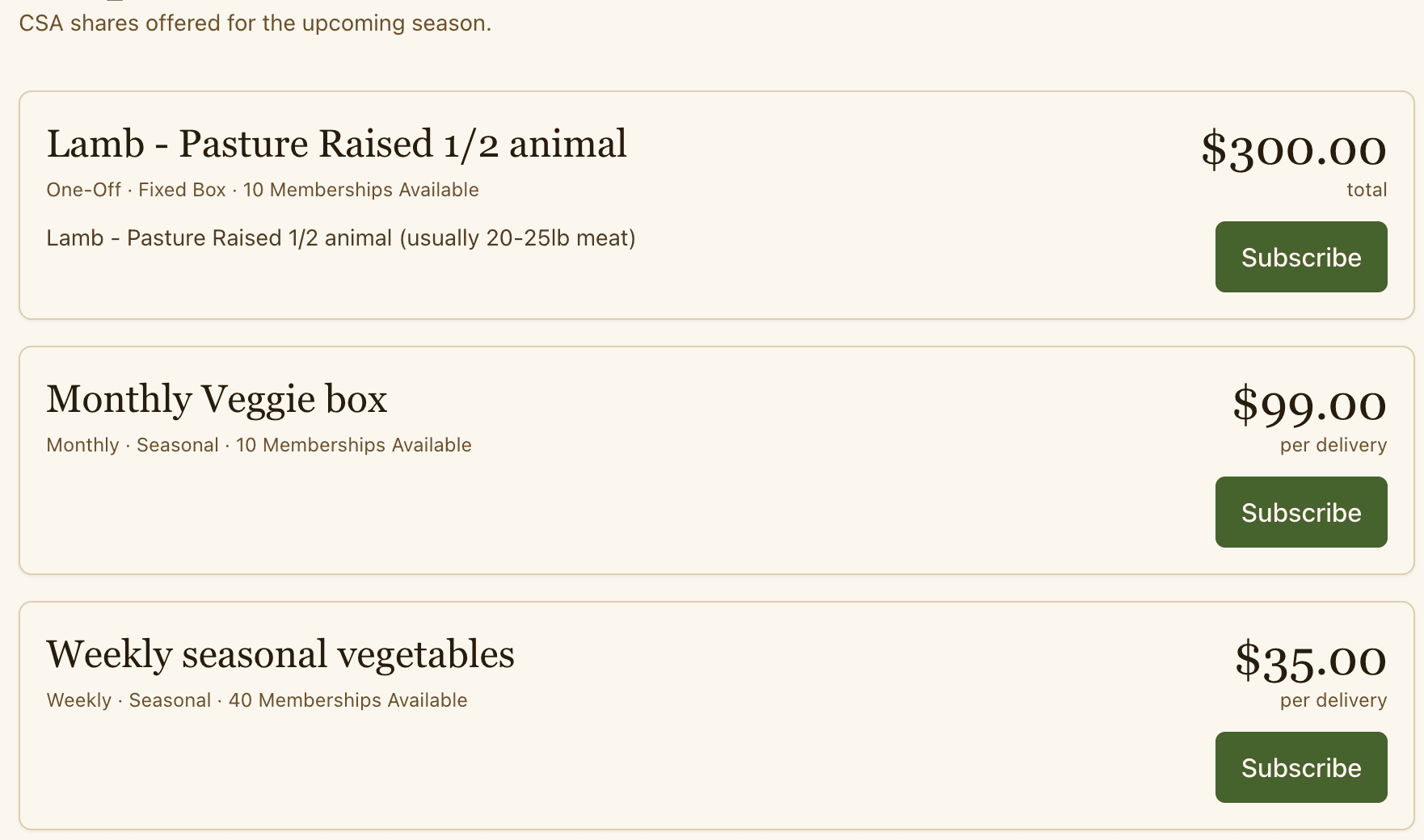 Public farm page example: a CSA share card with weekly box pricing, frequency, and a Subscribe button.