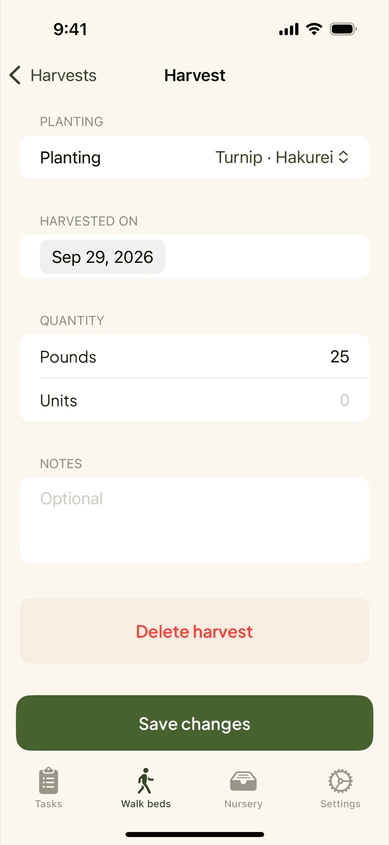 A saved harvest opened in the iPhone app: turnips, 25 pounds on Sep 29, with Save changes and Delete harvest.