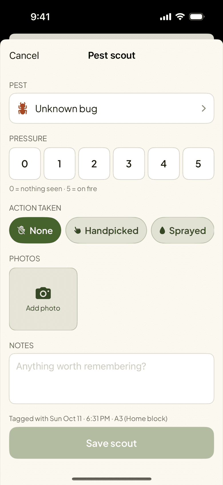 A Pest scout in the iPhone app: the pest, a pressure from 0 to 5, the action taken and a photo.